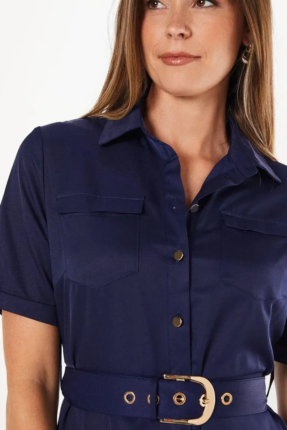 Short Sleeve Heavy Crepe Utility Shirt Dress