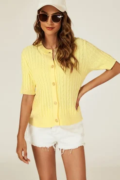 Short Sleeve Knitted Cardigan In Yellow