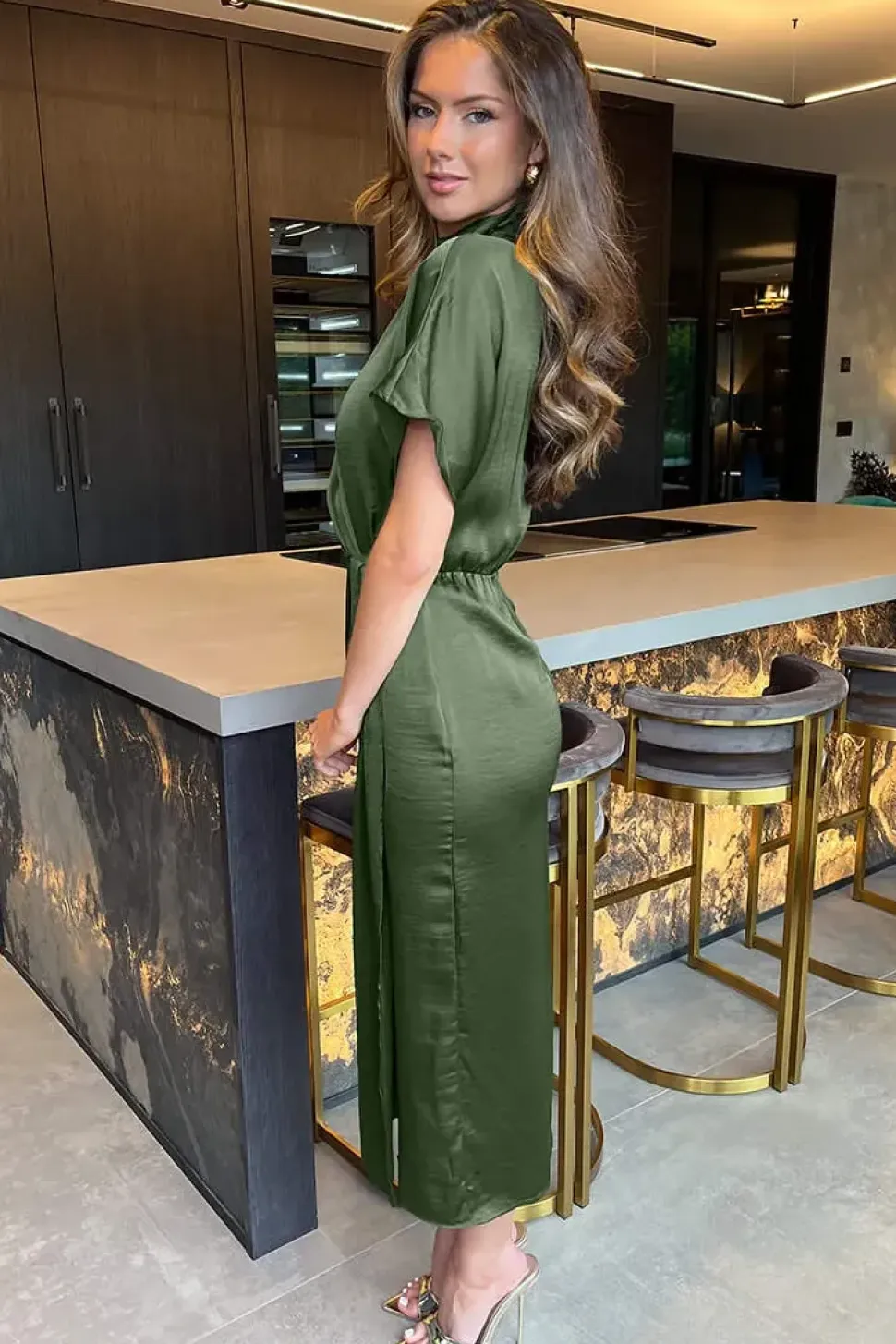 Short Sleeve Satin Wrap Skirt Midi Dress