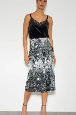 Sia Sequin Midi Skirt Silver