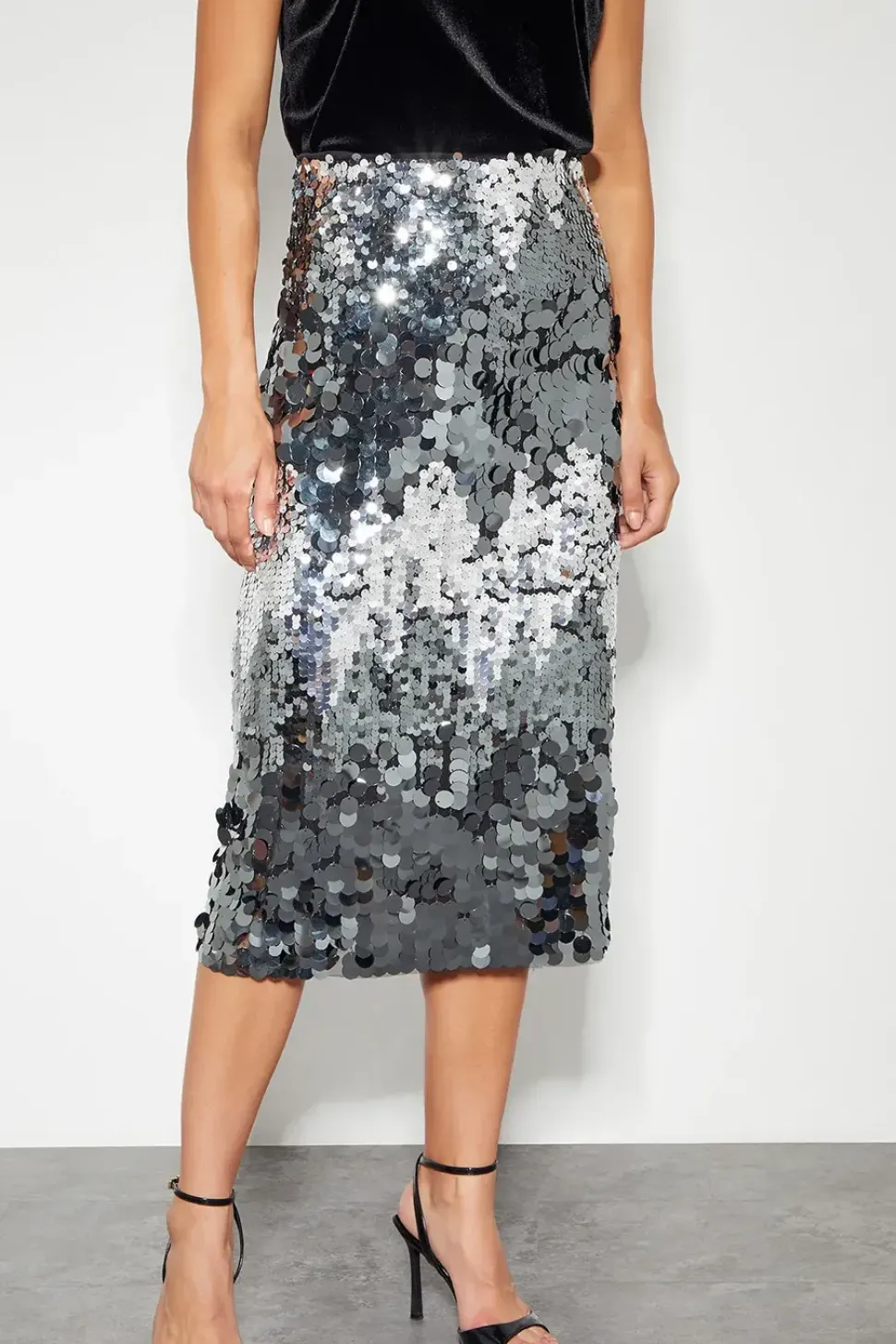 Sia Sequin Midi Skirt Silver
