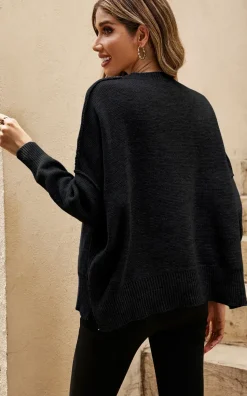 Side Slit Relaxed Knit Jumper Top In Black