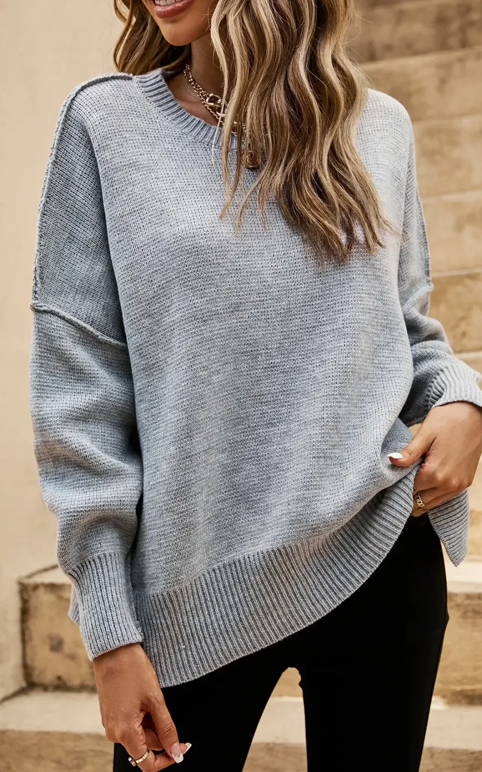Side Slit Relaxed Knit Jumper Top In Grey