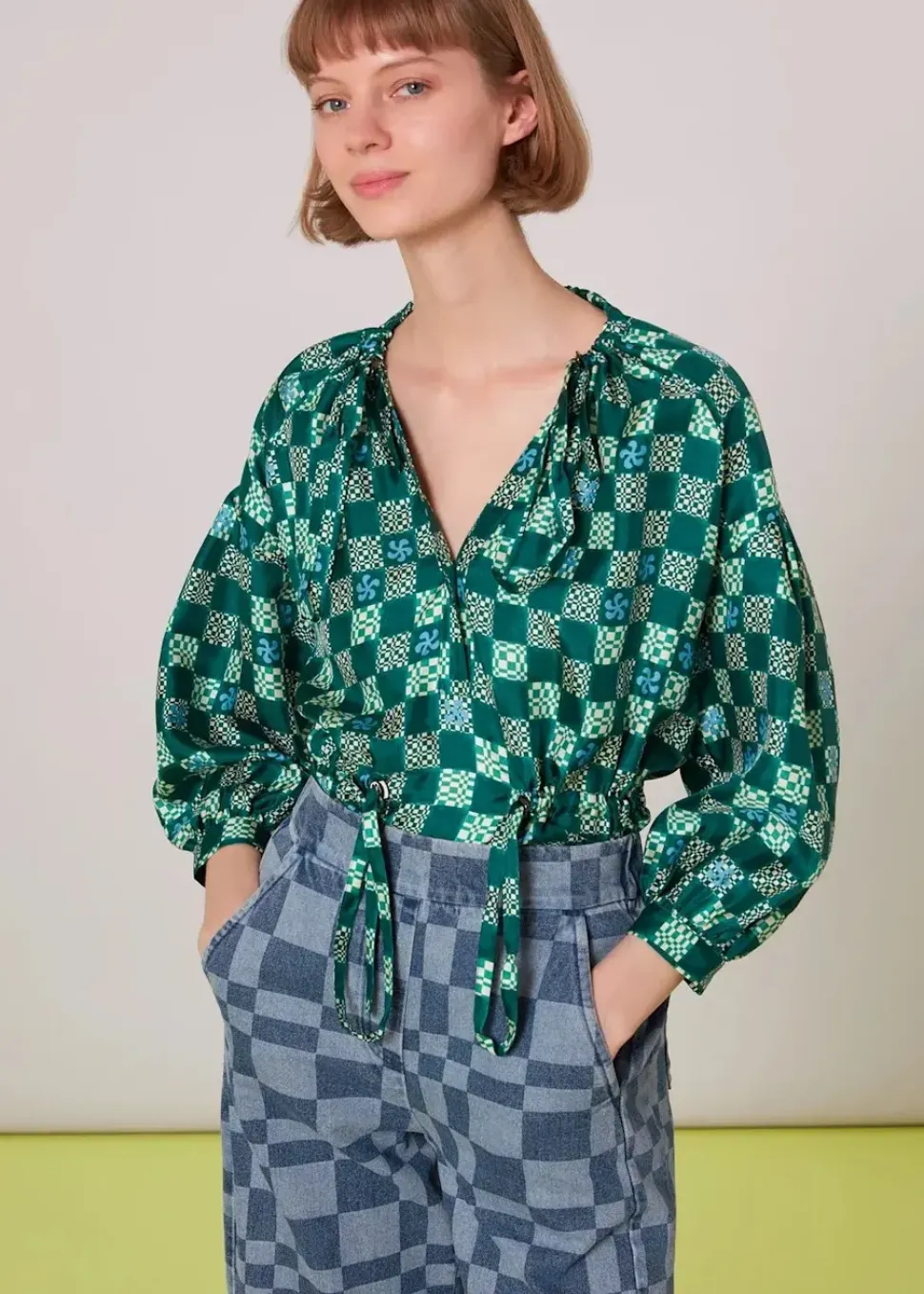 Silk Checkerboard Top-Checked