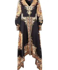 Silky Border Print Handkerchief Hem V-Neck Maxi Dress