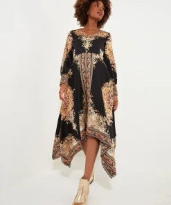 Silky Border Print Handkerchief Hem V-Neck Maxi Dress