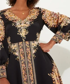 Silky Border Print Handkerchief Hem V-Neck Maxi Dress