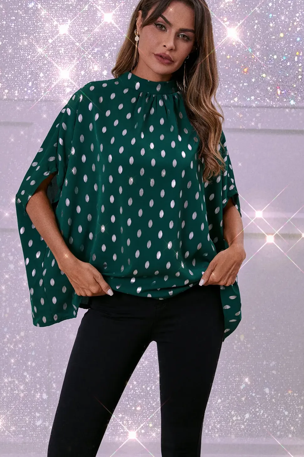 Silver Foil Loose-Fit Top In Green