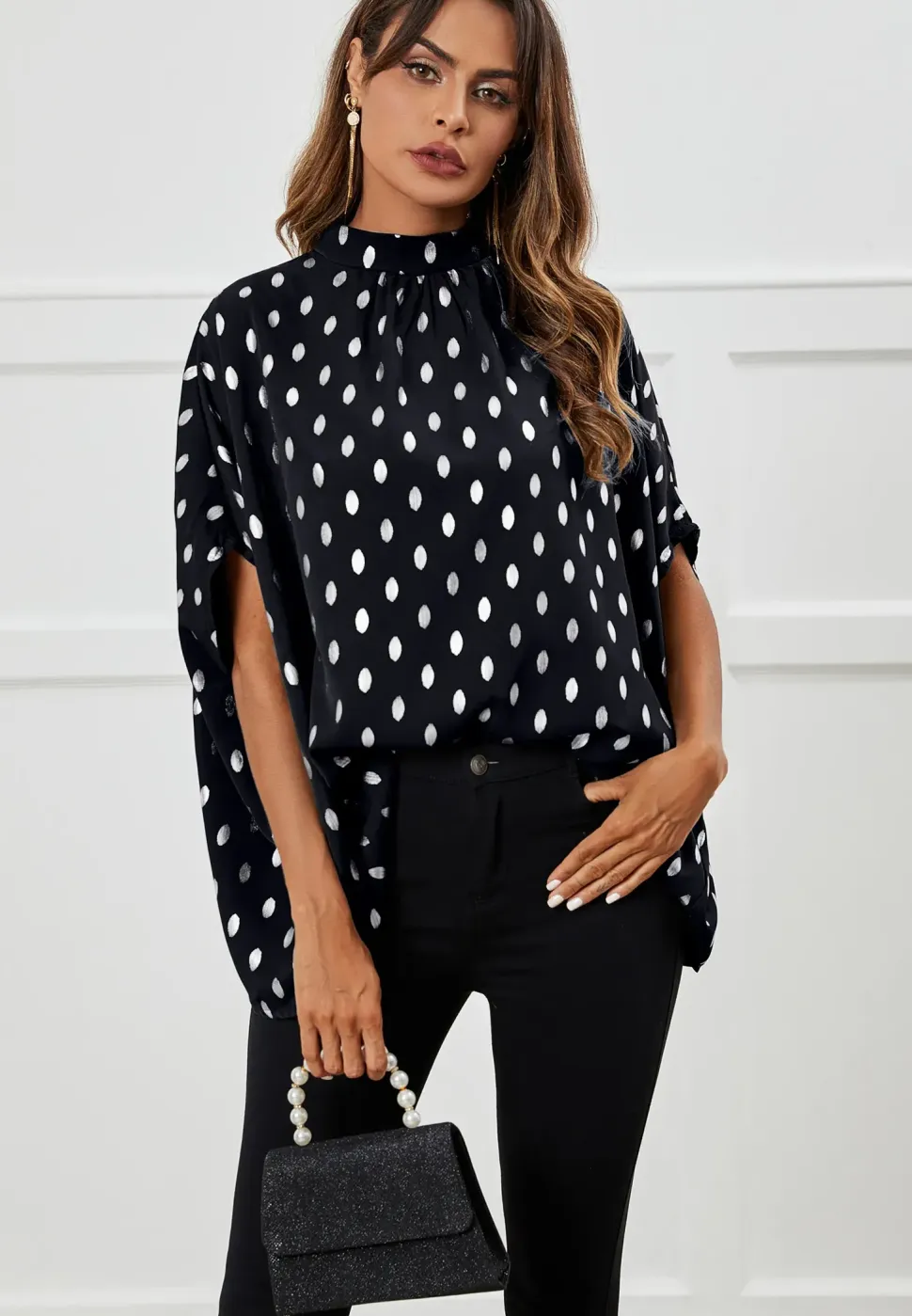 Silver Foil Loose-Fit Top In Navy