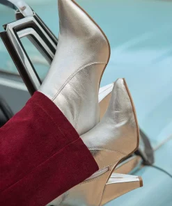 Silver Metallic Leather Heeled Ankle Boots