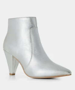 Silver Metallic Leather Heeled Ankle Boots
