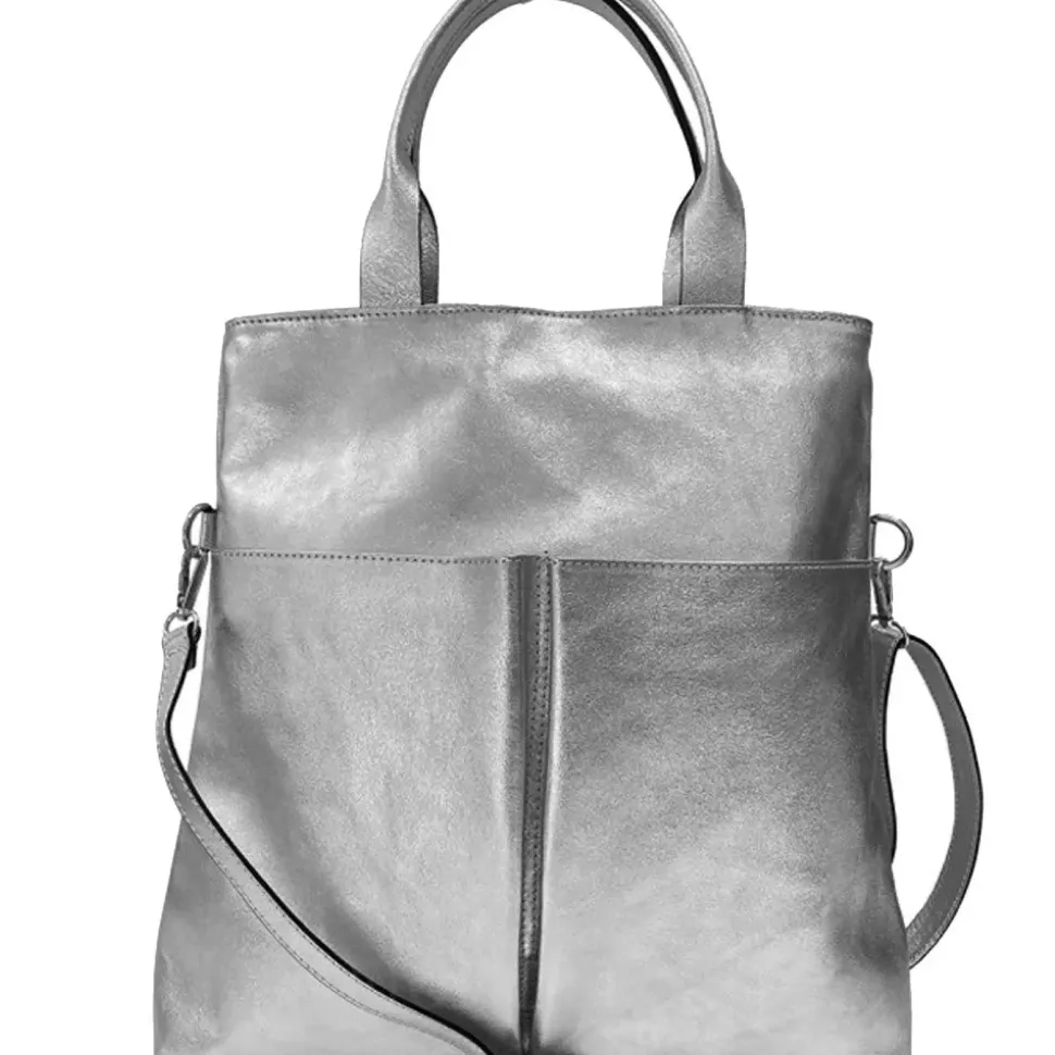 Silver Pocket Metallic Leather Tote | BDIDR