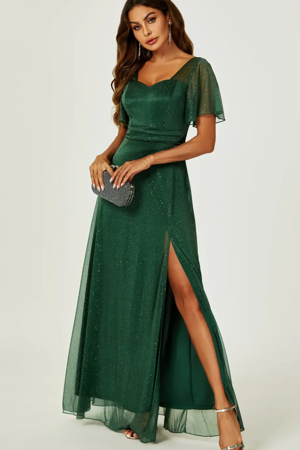 Silver Sparkly Empire Waist Bridesmaid Maxi Dress In Green