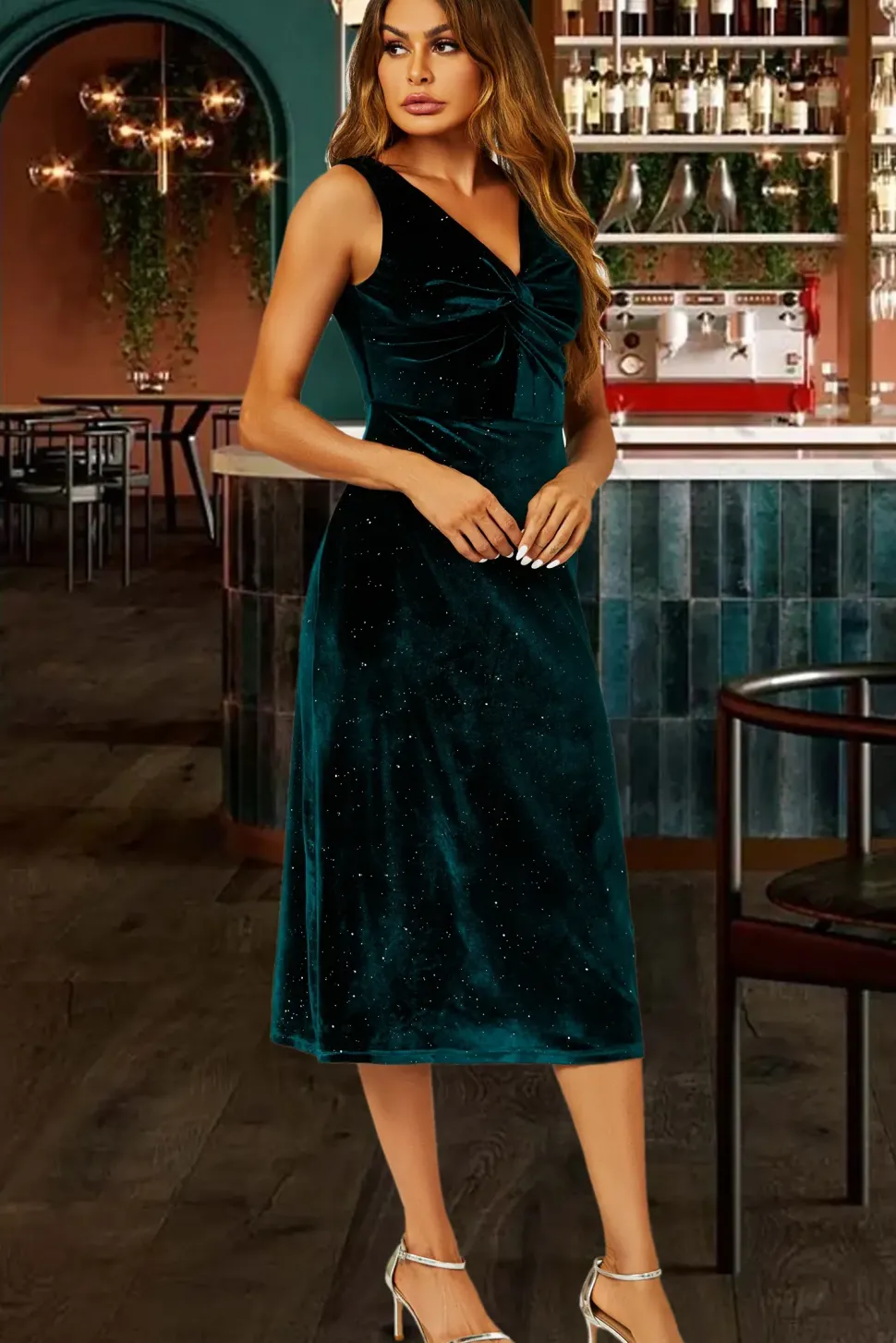 Silver Sparkly Velvet Knot Front Midi Dress In Green