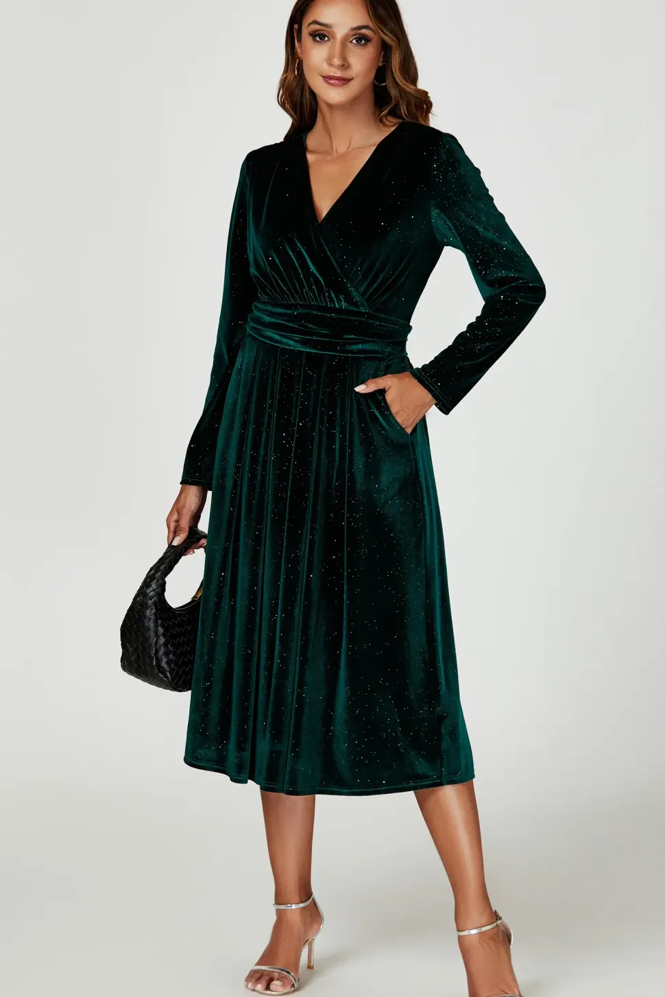Silver Sparkly Velvet Wrap Top Midi Dress In Green