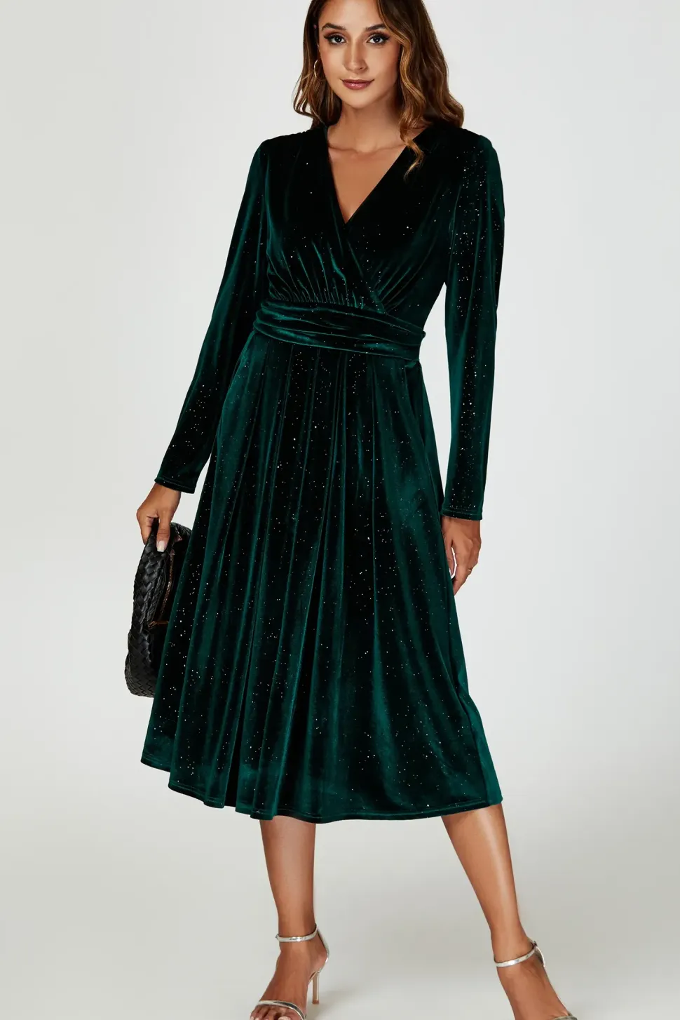 Silver Sparkly Velvet Wrap Top Midi Dress In Green