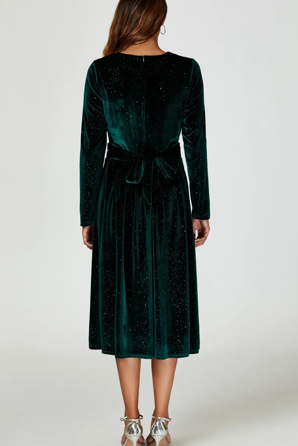 Silver Sparkly Velvet Wrap Top Midi Dress In Green
