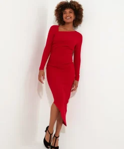 Simple Long-Sleeved Bodycon Dress with Asymmetric Neck and Hem
