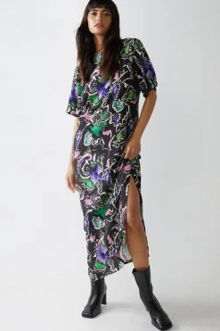 Sketchy Floral Print Short Sleeve Column Dress