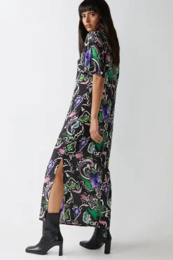 Sketchy Floral Print Short Sleeve Column Dress
