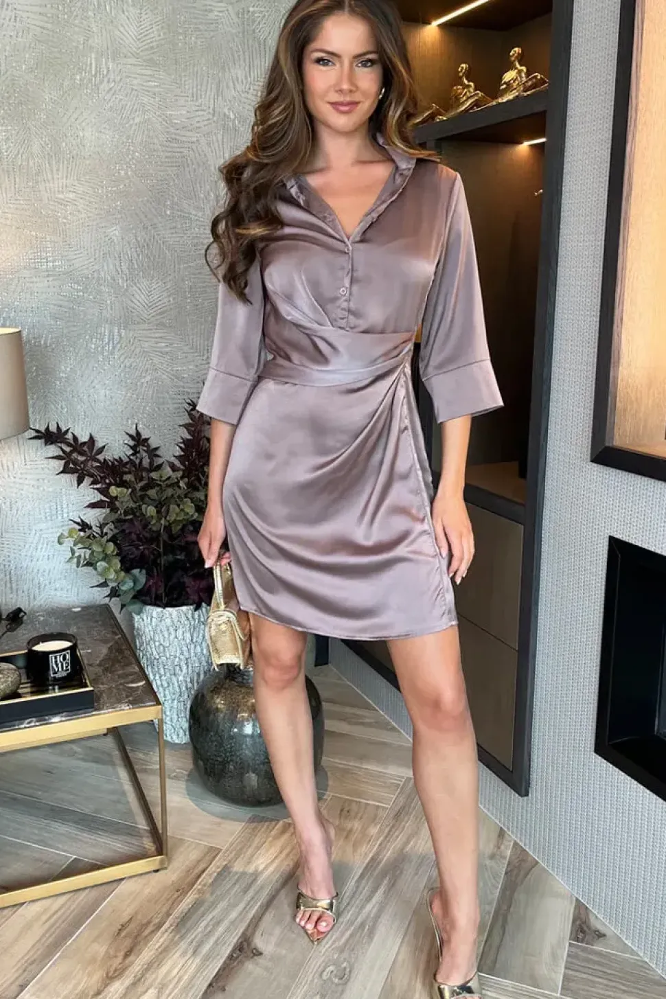 3/4 Sleeve Gathered Waist Midi Dress