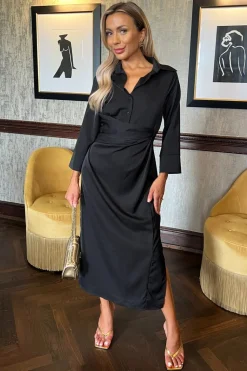 3/4 Sleeve Gathered Waist Midi Dress