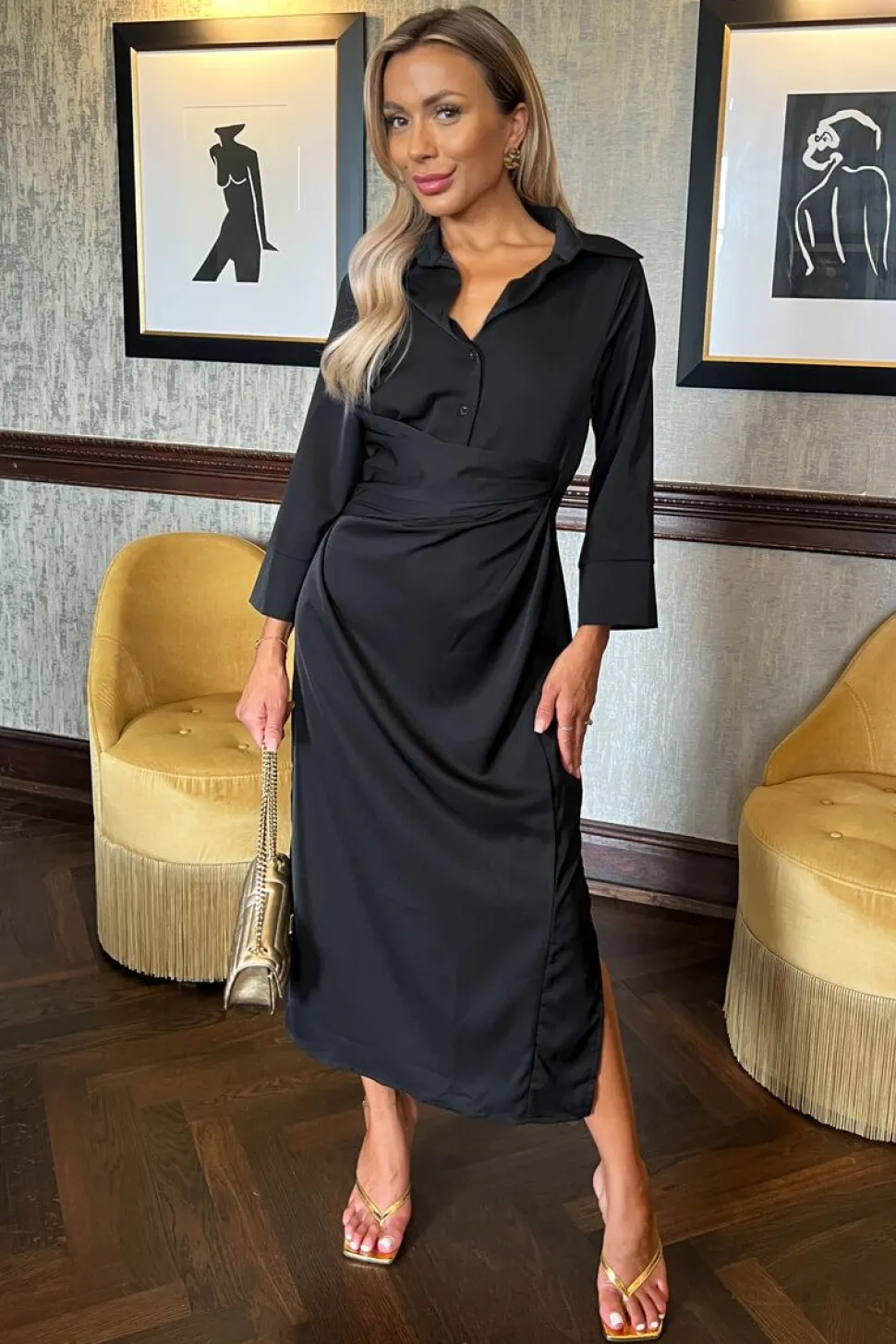 3/4 Sleeve Gathered Waist Midi Dress