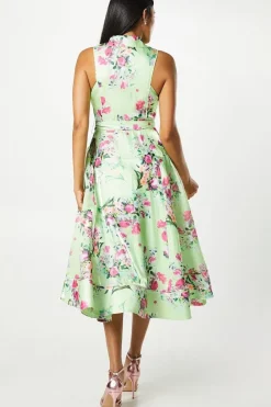 Sleeveless Glossy Organza Shirt Dress In Print