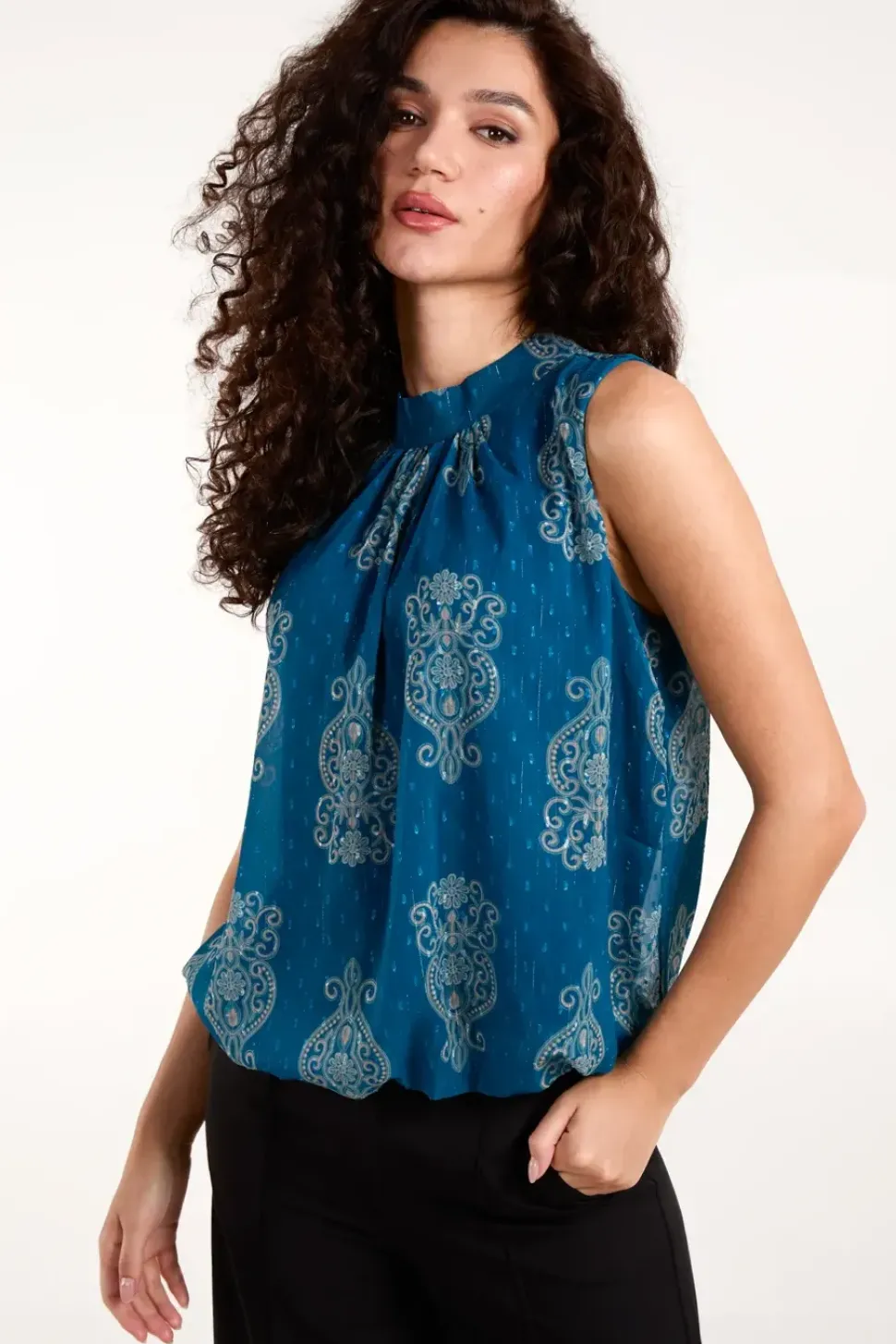 Sleeveless High Neck Puff Ball Top