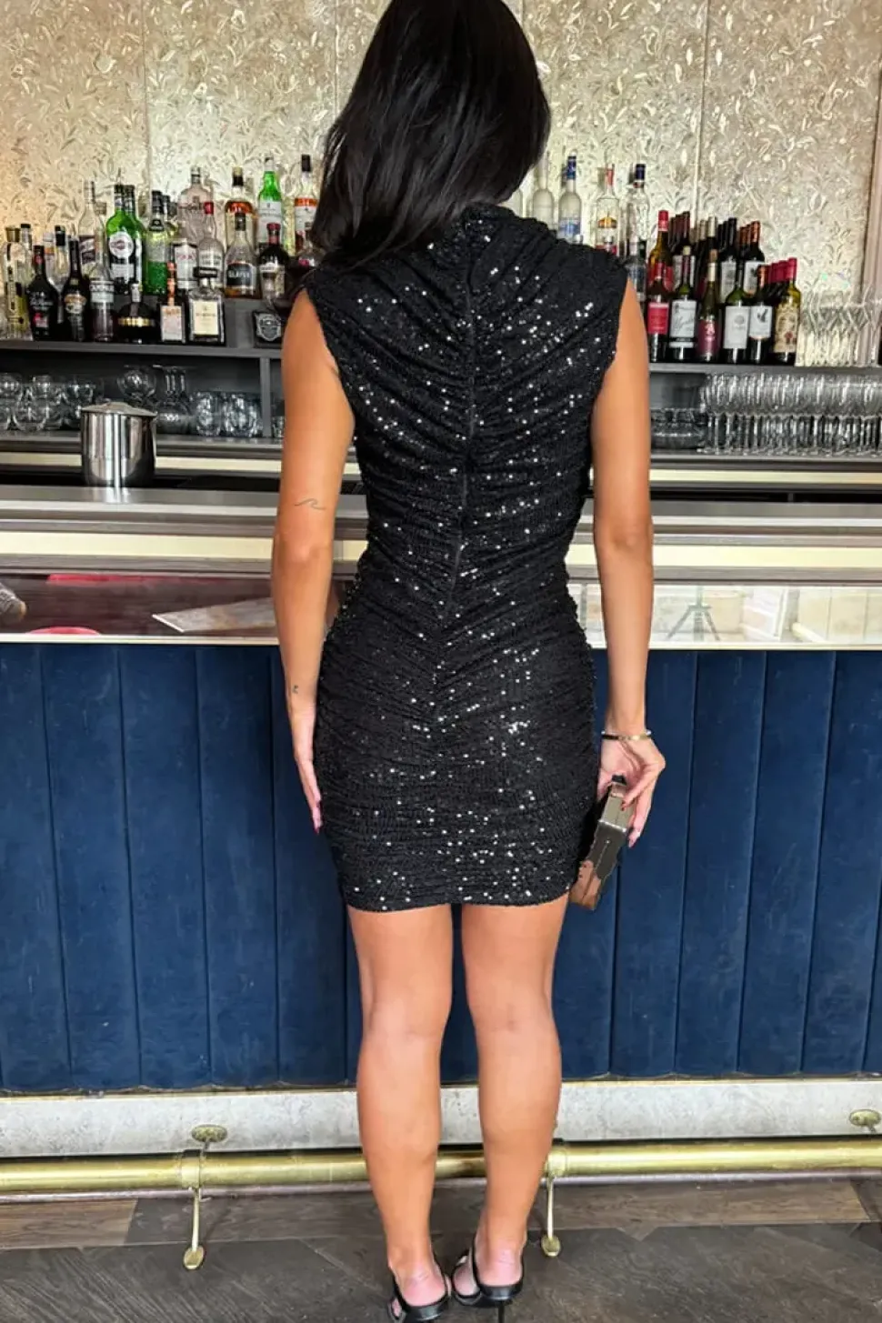 Sleeveless High Neck Sequin Ruched Bodycon Mini Dress