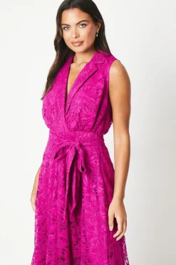 Sleeveless Lace Shirt Tie Waist Midi Dress