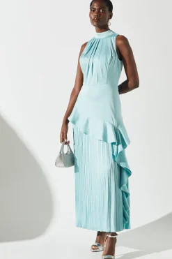 Sleeveless Ruffle Pleat Satin Back Crepe Dress
