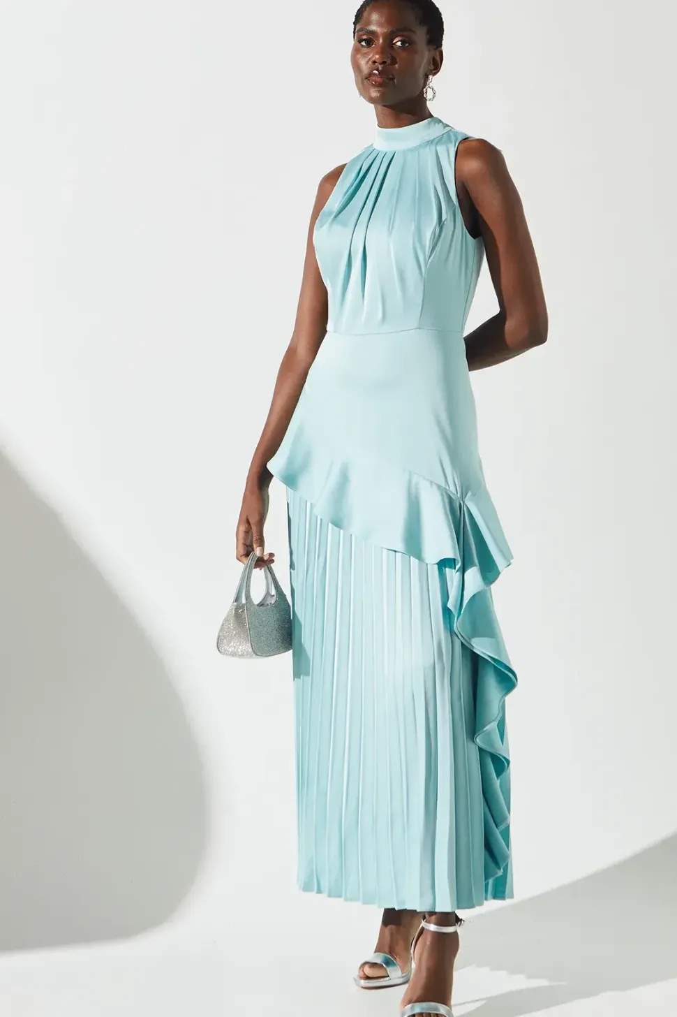Sleeveless Ruffle Pleat Satin Back Crepe Dress