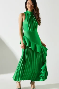 Sleeveless Ruffle Pleat Satin Back Crepe Dress