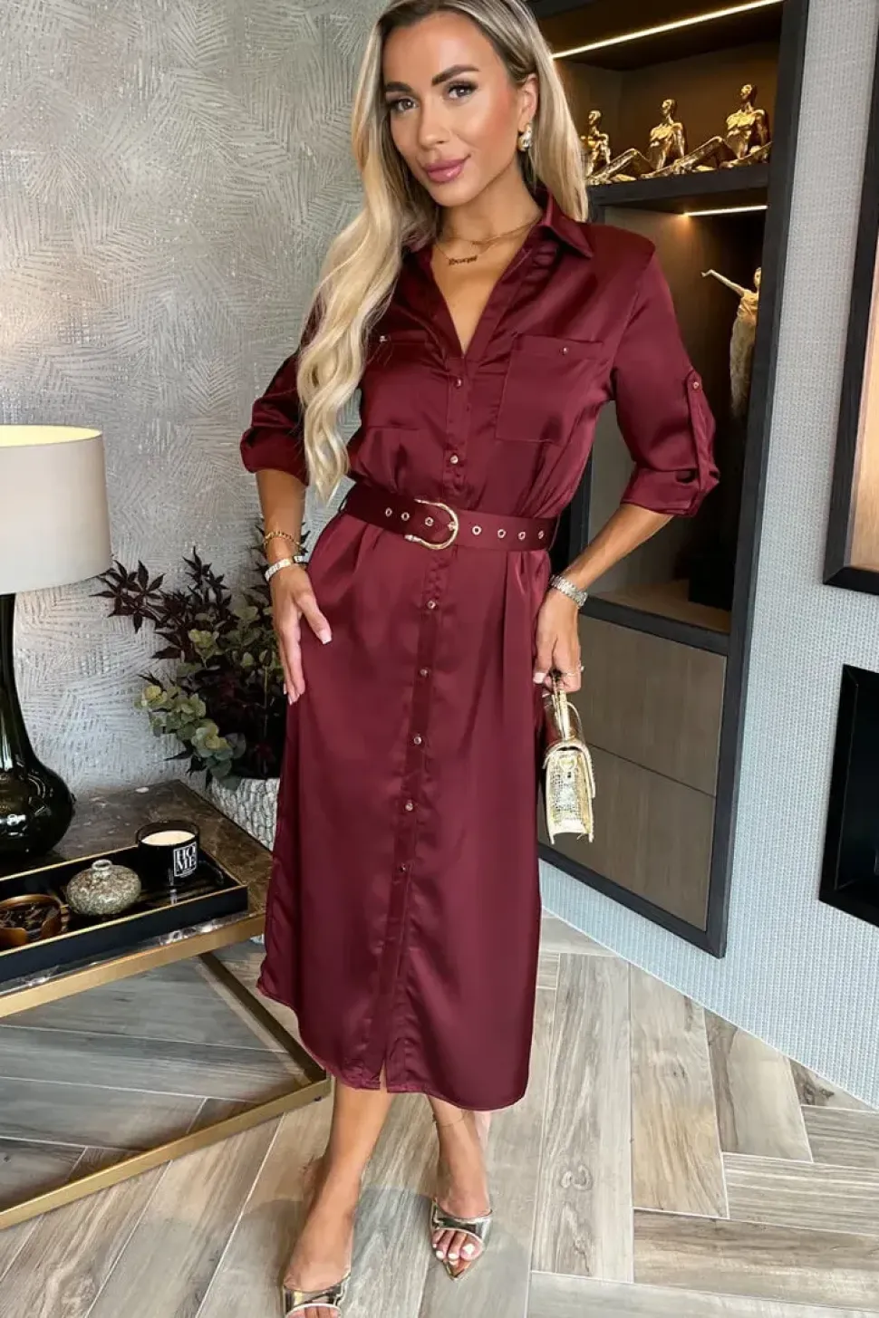 3/4 Sleeve Satin Belted Button Shirt Midi Dress