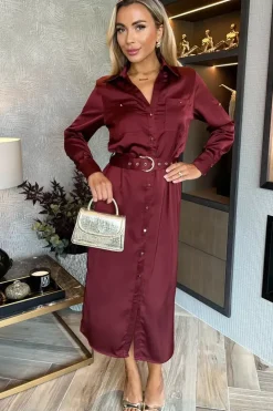 3/4 Sleeve Satin Belted Button Shirt Midi Dress