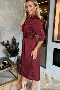 3/4 Sleeve Satin Belted Button Shirt Midi Dress