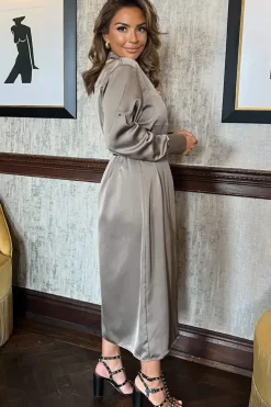 3/4 Sleeve Satin Belted Button Shirt Midi Dress