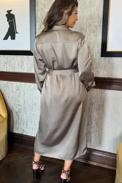 3/4 Sleeve Satin Belted Button Shirt Midi Dress