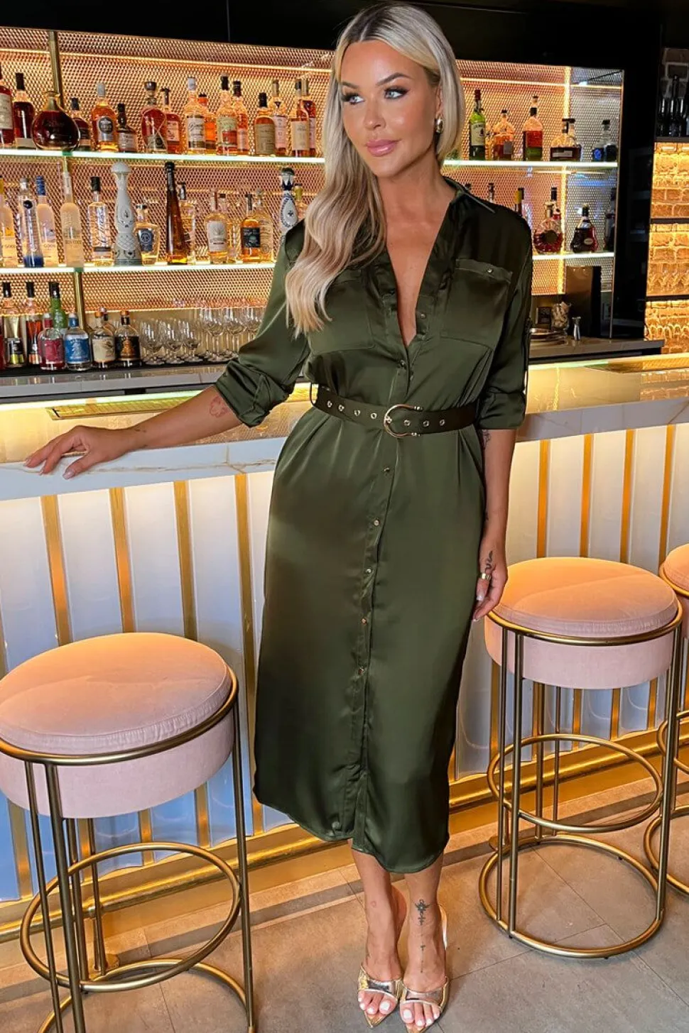 3/4 Sleeve Satin Belted Button Shirt Midi Dress