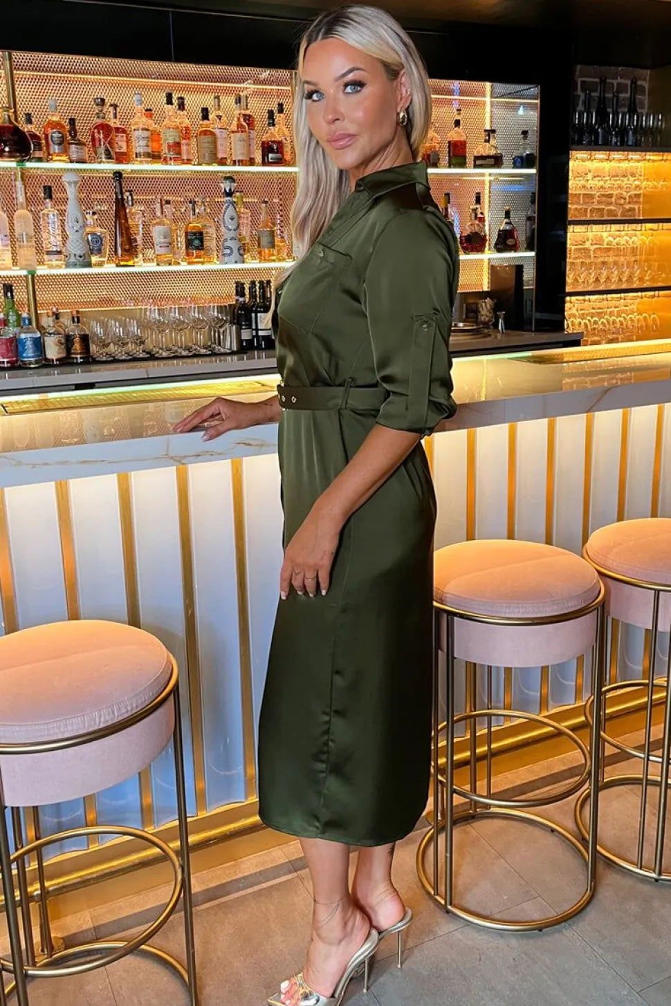 3/4 Sleeve Satin Belted Button Shirt Midi Dress