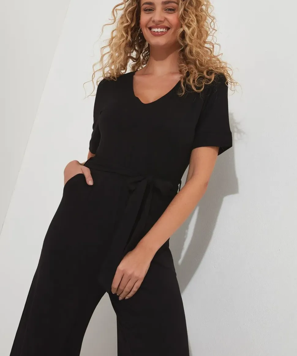 3/4 Sleeve Tie Waist Jumpsuit