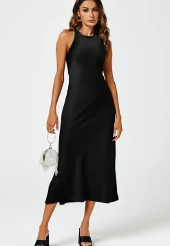 Slim-Fit Satin Midi Dress In Black