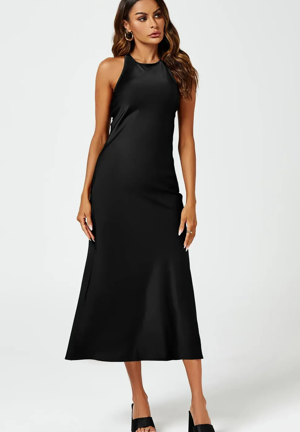 Slim-Fit Satin Midi Dress In Black