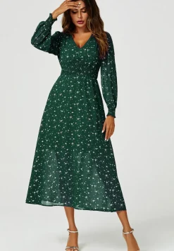 Sliver Star Foil V Neckline Long Sleeve Maxi Dress In Green
