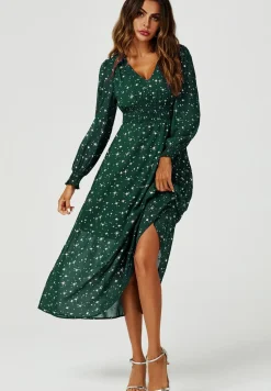 Sliver Star Foil V Neckline Long Sleeve Maxi Dress In Green