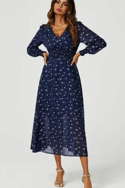 Sliver Star Foil V-Neckline Long Sleeve Maxi Dress In Navy