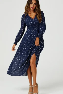 Sliver Star Foil V-Neckline Long Sleeve Maxi Dress In Navy