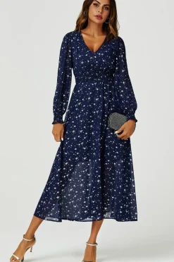 Sliver Star Foil V-Neckline Long Sleeve Maxi Dress In Navy
