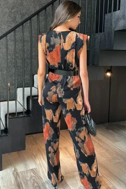 Smudge Print Belted Wide Leg Jumpsuit